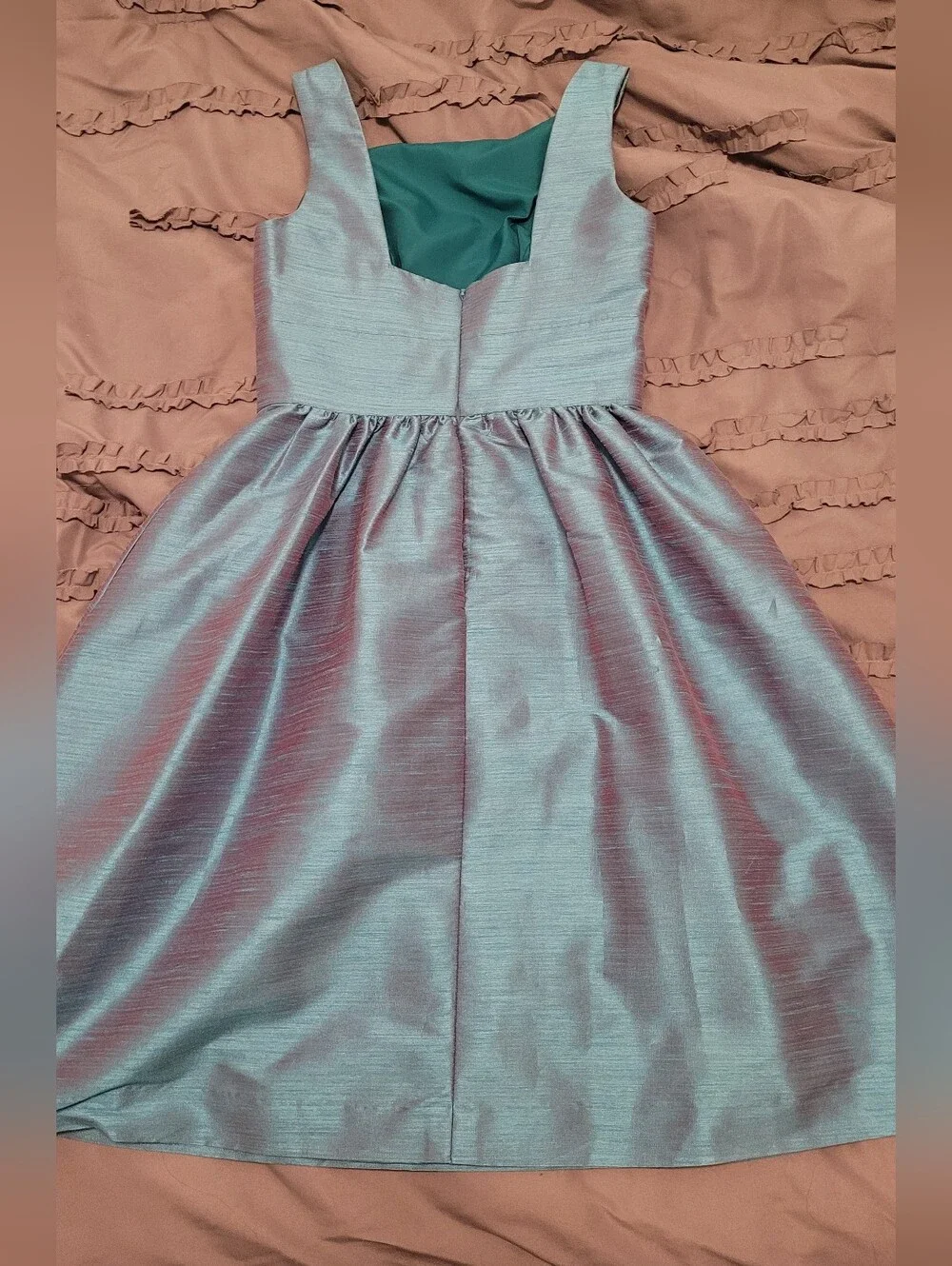 ALFRED SUNG Iridescent Teal Satin Fit-and-Flare Dress - Picture 3 of 5